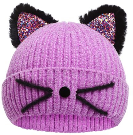 LUCKYBUNNY Mütze für Damen und Mädchen, niedliche Katzenohren, gehäkelt, Strickmütze, Farbiger Pailletten-Stil: Violett, Einheitsgröße