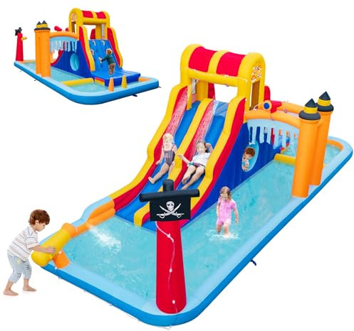 GOPLUS Aufblasbare Hüpfburg, 6 in 1 Wasserpark mit 2 Rutschen, Kletterwand, Wasserkanone, Planschbecken, Ringwurfspiel, Kriechtunnel, Erdspießen, Reparaturset & Tasche (Schatzkiste, Ohne Gebläse)