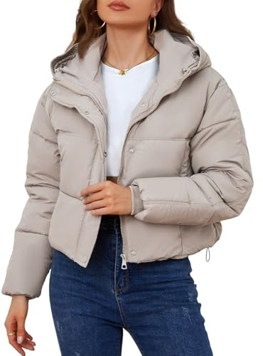 Yimoon Women's Cropped Puffer Jacket Hooded Zip Up Quilted Short Padded Coat Lightweight Winter Warm Outwear, Beige, S