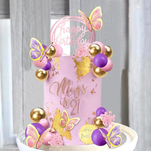 57 Stück Rosa Lila Tortendeko Kugeln Schmetterling Tortendeko Geburtstag Schaum Ball Deko Torte Blumenthema Kuchen Deko Cake Topper für Geburtstag Hochzeit Valentinstag Babyparty