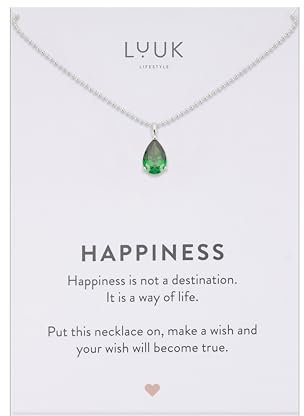 LUUK LIFESTYLE Filigrane Halskette mit dunkelgrünem Kristall Anhänger aus wasserfestem Edelstahl, Geschenkidee für Frauen, Schmuck Stein mit Bedeutung, Silber