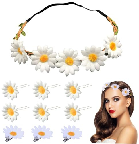 MisFun 10 Stück Trachten Haarschmuck, Gänseblümchen-Stirnband, Blumenhaarband Haarreif Dirndl, Elastisch Blumenkranz Blumen Haarband Haarclips, Bohemia Style Trachten Accessoires Damen