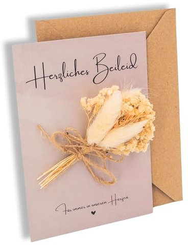 Milaboo® Handgefertigte Beileidskarte mit echtem Trockenblumenstrauß – Trauergeschenk für hinterbliebene mit Pampasgras & Eukalyptus – Inklusive Umschlag in Naturton (Karte)