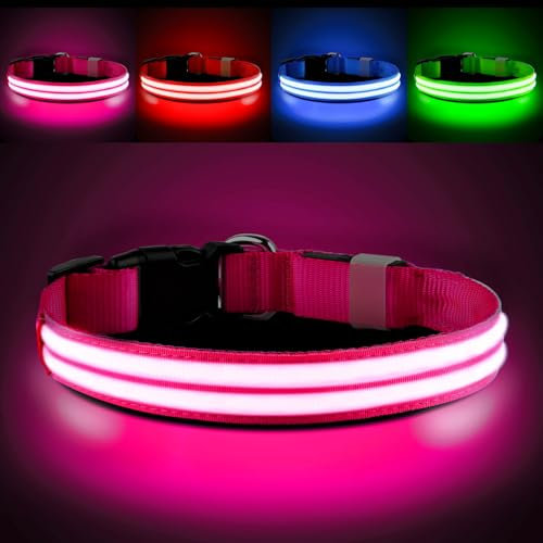 PcEoTllar Leuchthalsband Hund Aufladbar, Hundehalsband Leuchtend, Beleuchtetes LED Halsband für Hunde für Kleine Mittlere Große Hunde, Hunde Leuchthalsband Wasserdicht 3 Leuchtmodi, Rosa-M
