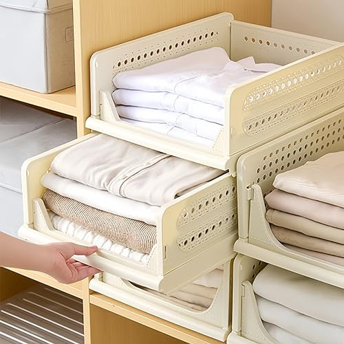 RMAN Organizador Armario 3 pcs Organizador Cajones Extraíbles de Plastico Plegable y Apilable Cajas Almacenaje para Ropa Cocina Dormitorio Baño - Beige