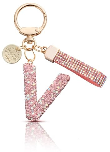MORSUNBELA Schlüsselanhänger Buchstabe Glitzer Schlüsselanhänger mit Anfangsbuchstabe Keychain Strass für Frauen Damen Mädchen Rosa V