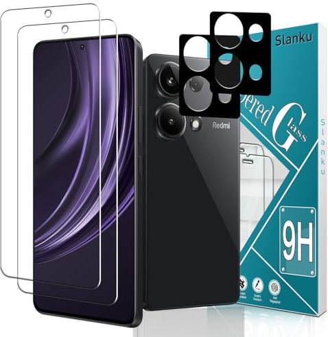Slanku [2+2 Piezas Protector de Pantalla para Xiaomi Redmi Note 13 5G, Protección Cámara, Dureza 9H Cristal Templado, Anti-Rasguños, Sin Burbujas, Fácil de Instalar, Ultra Transparente