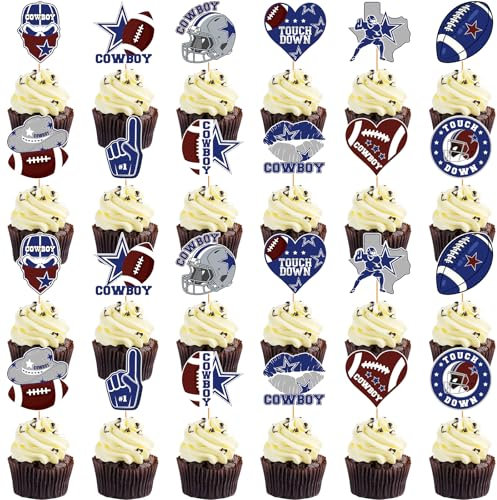 Hokinaa Cowboy Birthday Party Decorations - 24 Pcs Blue Cowboy Football Cupcake Topper Picks, American Rugby Cup Cake Toppers, Game Day Sports Theme Party Supplies Favors Decor for Boys Kids Men