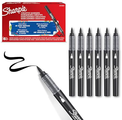 Sharpie Creative Marker Acrylic Paint Pens | Brush Tip Water-Based Paint Markers | Black | No-Bleed Ink Writes on Most Surfaces | School & Revision Supplies | 6 Count
