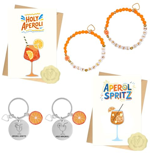 Aperol Geschenk für Frauen, 2x Aperol Armbänder, 2x Schlüsselanhänger, 2x Geburtstagskarten mit Umschlägen, Aperol Spritz Accessoires für Freundin Kollegen, Aperol Deko für Partys & Geburtstage