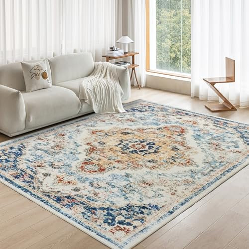 OMERAI Vintage Teppich Wohnzimmer 160X230CM Waschbarer Teppich Boho Teppiche Kurzflor rutschfest Groß Carpet für Schlafzimmer, Esszimmer, Vintage Blau