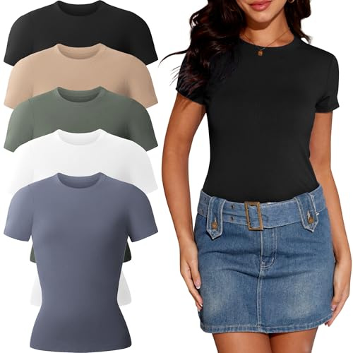 YOIOWVY Womens T-Shirts Basic Tops Short Sleeve Fitted Crew Neck 5Pcs | Viscose blend,ultra-soft & stretchy.Slim fit.Ideal for Pilates,office,dating,dance & everyday wear