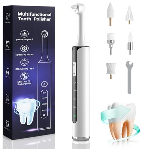 Kit Sbiancante Denti Lucidante Elettrico con 4 Modalità & 5 Inserti per Pulizia Denti & Sbiancamento Denti Luce LED Ricarica USB-C IPX6 Impermeabile Casa & Viaggio Bianco