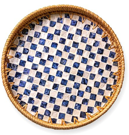 JUNGLE CULTURE Rattan Serving Tray 30 cm/12 with Mother of Pearl Inlay • Coastal Boho Collection • Handcrafted Woven with Handles for Home • Round Dining Table Tray • Wicker Serving Basket – Drift