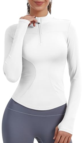 JoyGirl Long Sleeve Crop Yoga Gym Tops for Women Half Zip Up Athletic Running Workout T-shirt Define Sport Jacket with Thumb Holes(White, M)