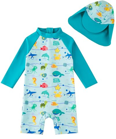 upandfast Maillot de Bain Une pièce avec Fermetures éclair pour bébé garçons Maillot de Bain pour bébé Protection Solaire UPF 50+ avec Chapeau de Soleil (FR/ES, Âge, 12 Mois, 18 Mois, Marine Life)