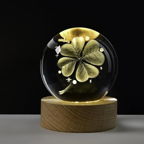 Yabound 60 mm Kristallkugel, Vierblättriges Kleeblatt Glücksbringer, Glaskugel-Nachtlampe mit Holzsockel, Crystal Ball Kleine Geschenke für Kinder Freunde Paar Geburtstag Festival