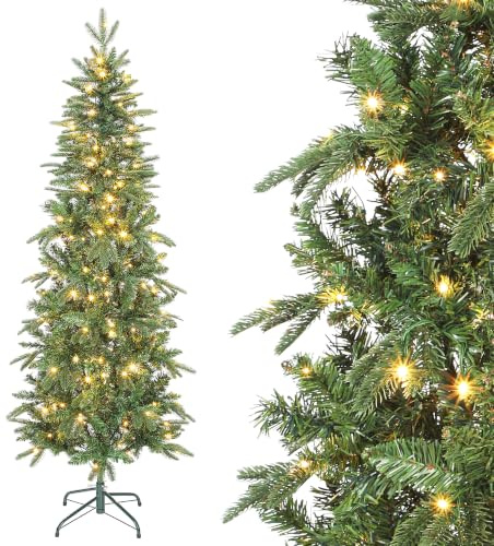 HOMCOM Sapin de Noël Artificiel 180 cm Arbre de Noël Slim 200 Lumières Vert | Blanches Chaudes, 8 Modes d'Éclairage, 605 Pointes de Branche Articulée, Support en Métal, Plastique Ignifuge