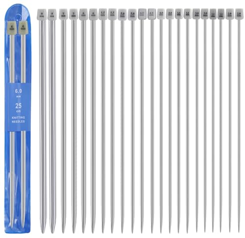 Knitting Needle Set 22 Pcs Knitting Needles Set 25cm Long Knitting Needles Metal Single Pointed Needle for Beginners Professional Handmade DIY (11 Sizes)