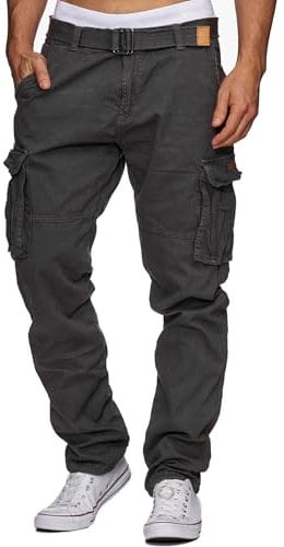 Indicode Herren William Cargohose aus Baumwolle m. 7 Taschen inkl. Gürtel | Outdoorhose Raven, S