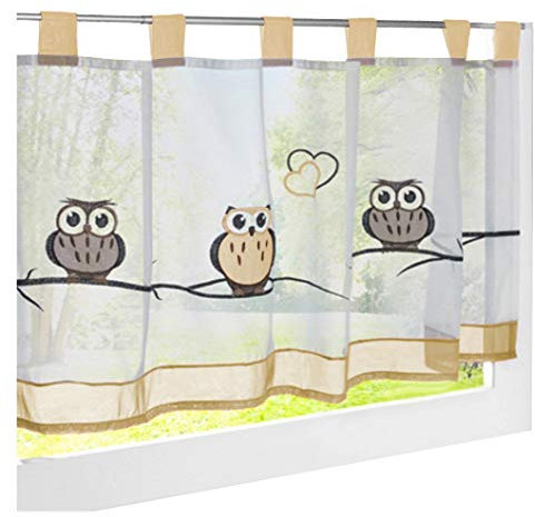 LiYa Bistrogardine Mit Eule Bestickt Voile Transparent Scheibengardine für Küchen Vorhang (HxB 60x145cm, Sand)
