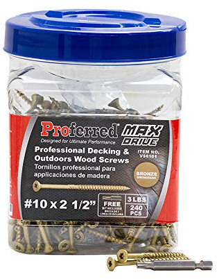 Proferred MAX Drive Professional Decking & Outdoors Wood Screws, Bronze SKT® Coating - 1500 Hour Salt Spray, #10 X 2-1/2,6 Lobe 25 Drive (240pcs with 1 Bit in Jar) Model Number: V56101