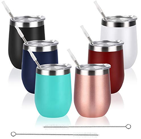 6 Pack Stainless Steel Wine Tumbler Wine Glass, 12 Oz Double Wall Vacuum Insulated Stemless Wine Tumbler with Lid Straw, Set of 6 Cups for Wine, Coffee, Cocktail, Ice Cream, Mix Color