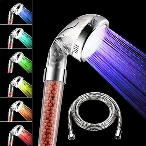 MEISO Duschkopf mit Schlauch, 7 Farbwechsel Duschkopf mit LED-Druck, Wassersparer, Temperaturregler, Wasserenthärter