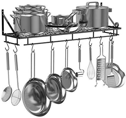 AcornFort® K-1125 90 CM Schwarz Extra Groß Küchenregal, Wandregal für Töpfe Pfannen, Utensilien Hängeregal mit 10 Haken