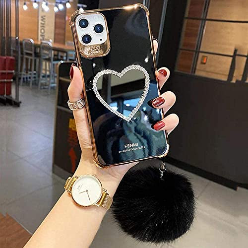 OvOHapia Make-up Spiegel Handyhülle, Luxuriöse Bling Herzform Spiegel Handyhülle für iPhone (für iPhone Xr, Schwarz)