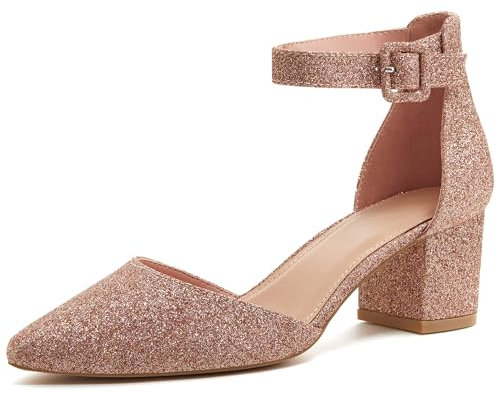 LAICIGO Women’s Pointed Toe Pumps Ankle Strap Buckle Chunky Block Heel Dress D’Orsay Sandals Rose Gold Size: 5