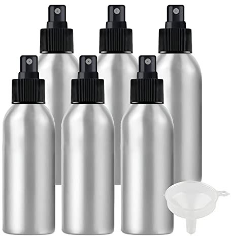 ZEOABSY Pack of 6 Empty 150ml Silver Aluminium Spray Bottle Refillable Aluminum Bottles with Black Fine Mist Sprayer Metal Spray Bottles for Perfume Hair Garden Travel, Funnel
