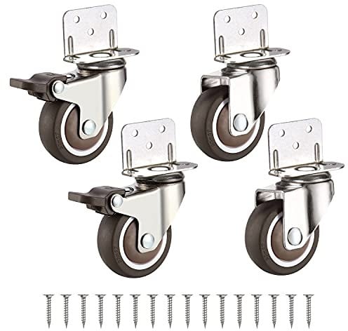 L-Montageplatte Möbelrollen Gummi 25mm mit 2 Bremse, 360-Grad Schwerlastrollen mit 53kg Tragfähigkeit, Lautlose Rollen aus Vollgummi für Möbel Transport, Tisch, Kabinett, 4er-Set