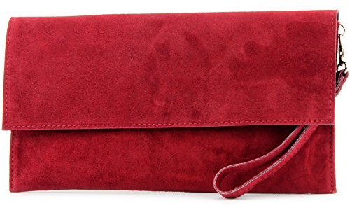 modamoda de T151 Damen Wildleder Rauleder Clutch Umhängetasche Abendtasche handmade in Italy, Farbe:Dunkelrot2021