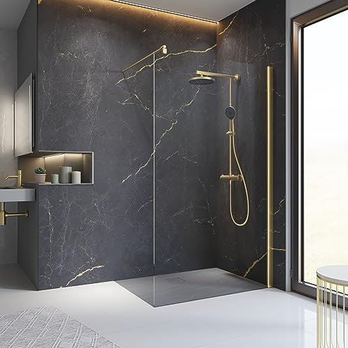 Schulte paroi de douche fixe à l'italienne 100 x 200 cm, barre 122 cm incluse, profilé or mat, montage gauche droite, verre de sécurité transparent 6 mm antical, plage de réglage 98.0-100.5