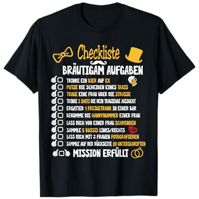 Junggesellenabschied Mann Kostüm & Polter Shirts Bräutigam Aufgaben Poltern JGA Checkliste T-Shirt Schwarz Klein Crew-Ausschnitt Kurzarm Classic Fit T-Shirt für Herren