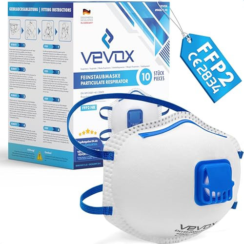 VEVOX® Mascarilla FFP2 – Lote de 10 – Mascarillas antipolvo con válvula para el trabajo, para obras y para alergia – Protección contra el polvo fino, de albañilería y de cemento