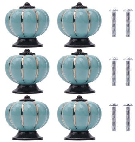 6Pcs Boutons Ceramique Tiroirs Boutons de Porte en Céramique Forme de Citrouille Bouton Poignées de Placard pour Meubles avec Vis pour Meubles, Armoires de Cuisine, Tiroirs, Commode (Bleu Clair)
