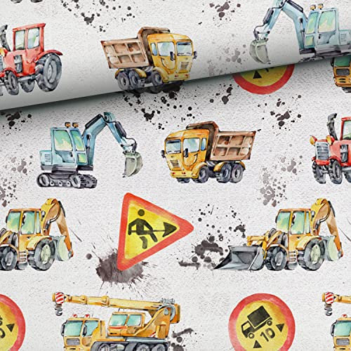 Keine Meterware, Stoffe zum Nähen für Kinder, Stoff zum Nähen, 100% Baumwolle: 1m Jungen Premium Baumwollstoff mit Baustellen Fahrzeuge Traktor Bagger LKW - Baggerliebe