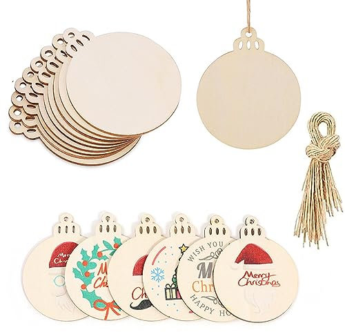 DAHI 50pcs Christbaumschmuck Anhänger Weihnachtsdeko Holzanhänger mit Schnur DIY Weihnachtsbaum Hängende Ornamente Arbeit Handgemachte für Weihnachten Deko (Weihnachtsball)
