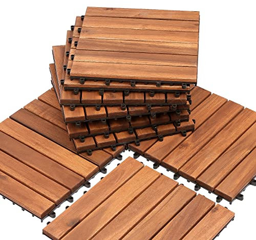 Izrielar Holzfliesen 30 x 30 cm Akazien-Holz Balkonfliesen, 5 m² pro Terrassenfliesen Bodenfliesen für Terrassen und Balkon zuschneidbar Drainage, Anti-Rutsch-Bodenbelag, Braun, 55er