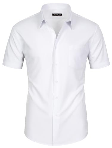FAHIZO Men's Short Sleeve Dress Shirt Regular Fit Soild Casual Business Stretch Button Down Shirts with Pocket, White, XL