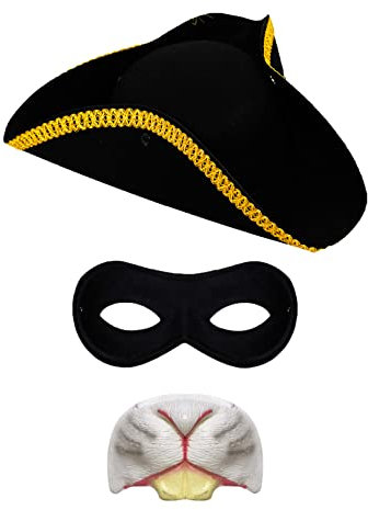 Childs Highwayman Rodent Costume - Black Tricorn Hat, Rat Nose and Black Eyemask - Kids World Book Day Fancy Dress Costume