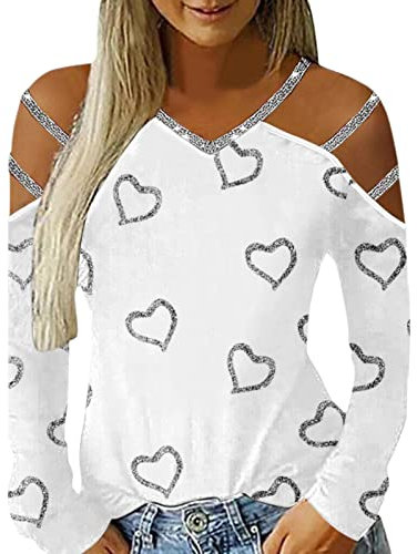 Grünes Oberteil Damen Lässiges Damen-Top Shirt Herz bedrucktes Top V-Ausschnitt Top Schulterfrei Langarm T-Shirt Sexy Bluse Top Klamotten Teenager