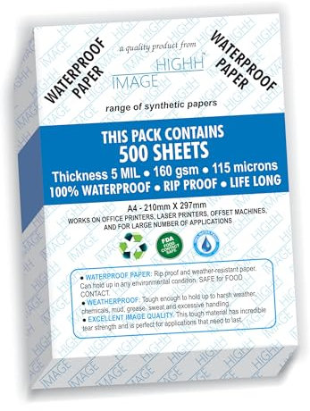 Wasserdichtes Papier, 500 Blatt, Großpackung, Stärke 5 MIL, synthetisches Papier, A4, 210 x 297 mm von HighH Image | Druck mit Laserdruckern | Bürodrucker