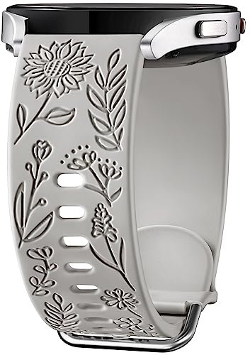 Mastten Fleur Gravé Bracelet Compatible avec Samsung Galaxy Watch 7/6/5/4 40mm 44mm Femme, 20mm Élégant Sport Silicone Bracelet pour Galaxy Watch FE/Active 2/4 6 Classic / 5 Pro, Gris