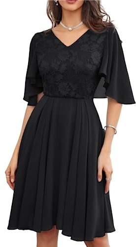 Damen Elegante Chiffon Kleid V-Ausschnitt Cape Ärmel Abendkleid Maßgeschneidert A-Linie Cocktailkleid Hochzeit Brautjungfer Schwarz 42
