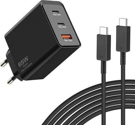 65W Ladegerät USB C Schnellladegerät 3-Port mit 2M 5A Schnellladekabel PPS Mehrfach Fast Charger USB C Netzteil für MacBook Pro 13/Air, iPhone 14 Pro Max, Samsung Galaxy Book3 Pro, Galaxy S23 Ultra
