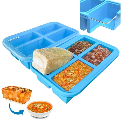 Ozwen 1-Cup Extra Large Silicone Soup Freezer Tray with Lid, Meal Prep with Souper Freezer Food Cubes Container, Baby Food Freezer and Storage Moulds for Sauce & Broth & Leftover (2-Pack, Blue)
