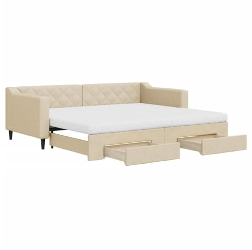 vidaXL Tagesbett, Sofabett Ausziehbar mit Schubladen Matratzen, Gästebett Schlafsofa für Schlafzimmer Wohnzimmer, Sofa Ausziehbett, Creme 90x200cm Stoff